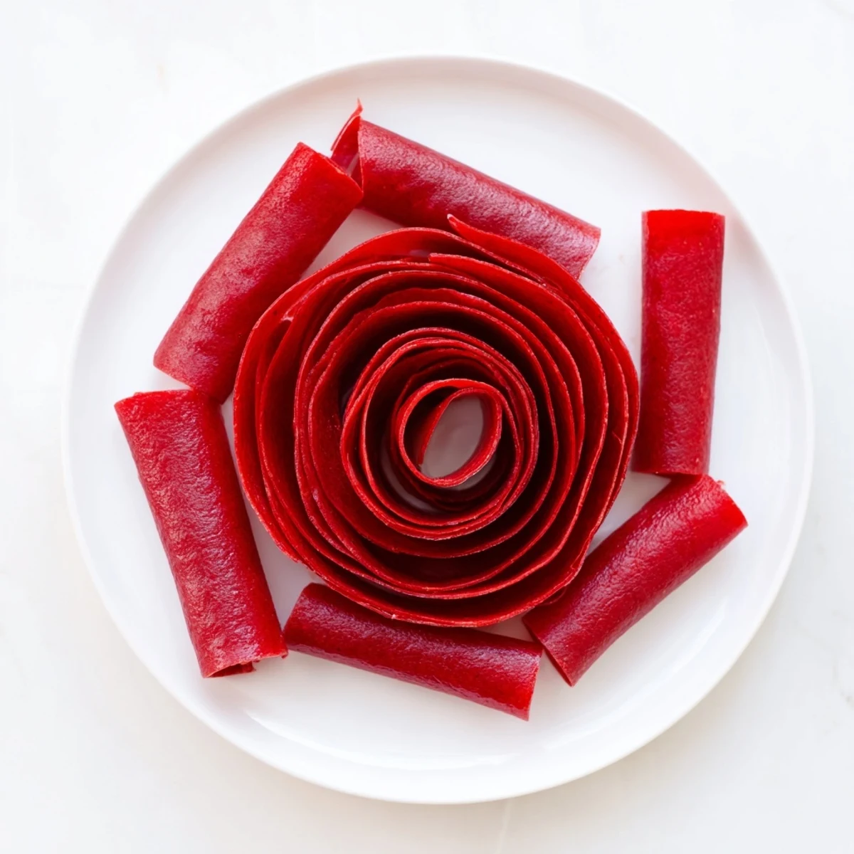 Smooth bright red fruit puree dehydrating into homemade fruit roll ups on a baking sheet