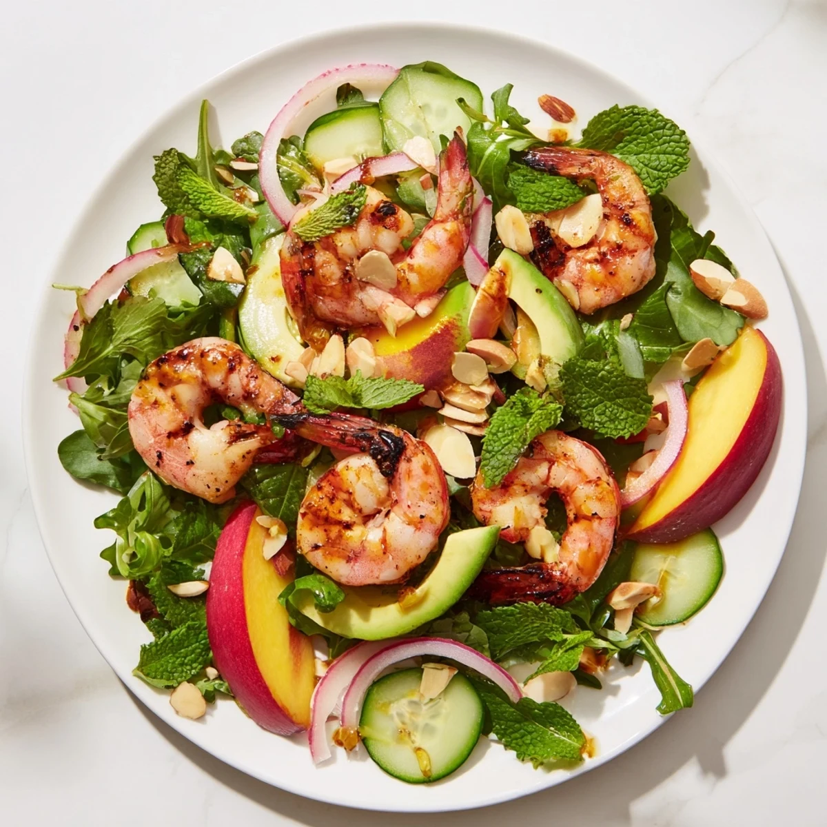 Fresh shrimp and nectarine salad with mixed greens, avocado, and citrus lime dressing