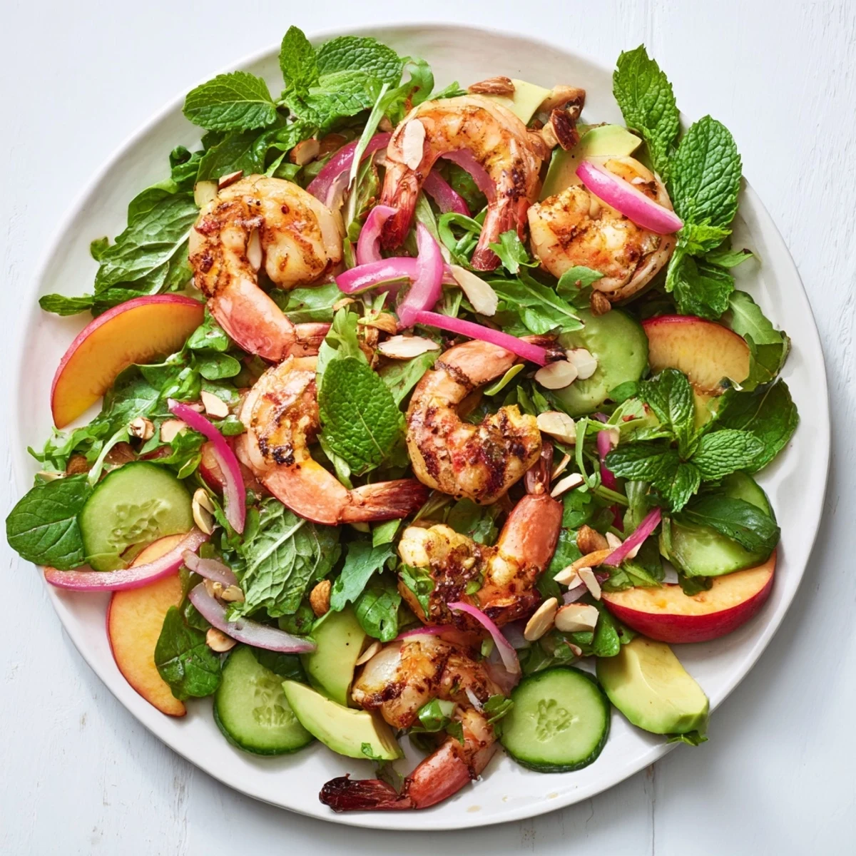Colorful summer salad bowl featuring grilled shrimp, sliced nectarines, cucumber, and mint garnish