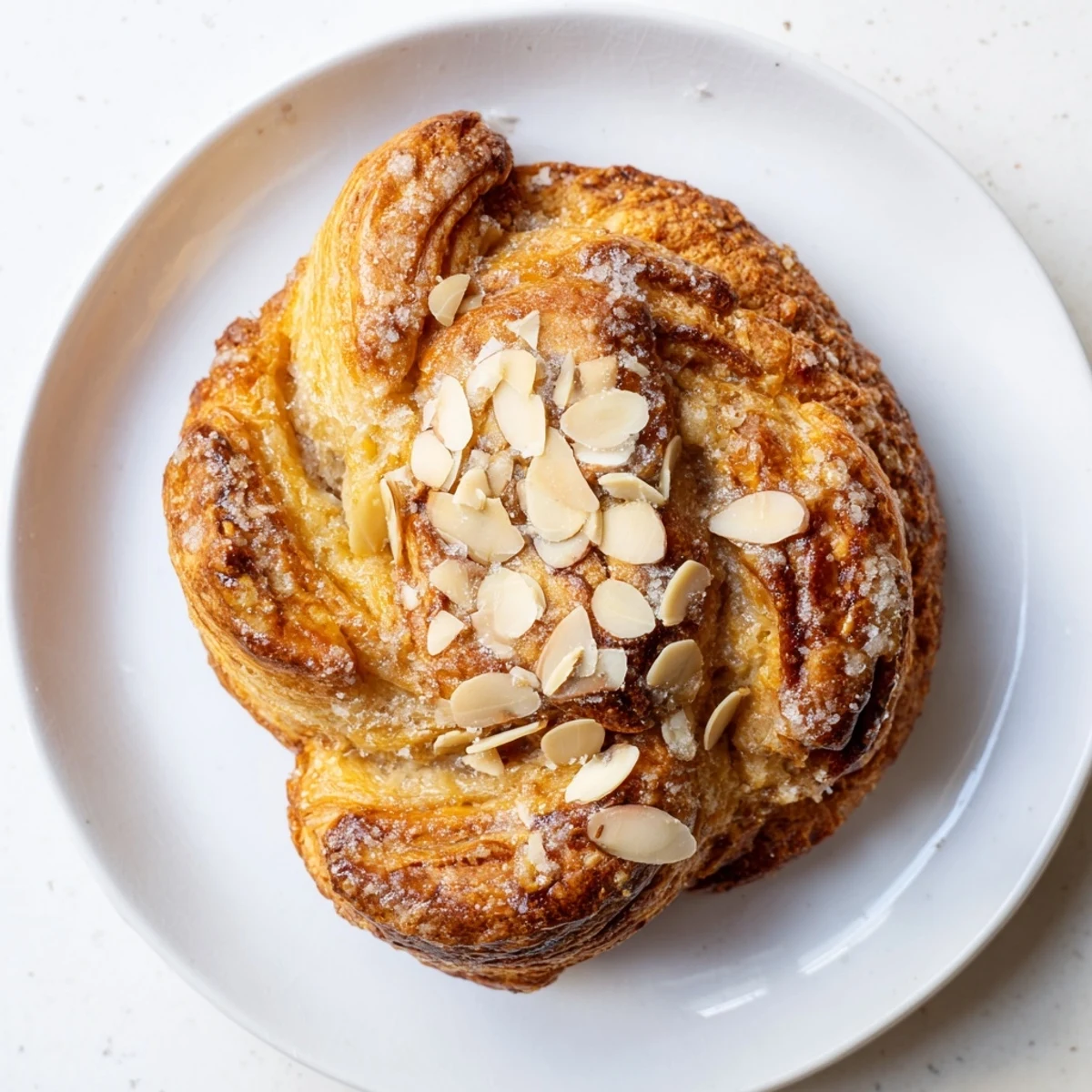 Golden almond bear claw pastry with flaky layers and sweet almond filling on white plate