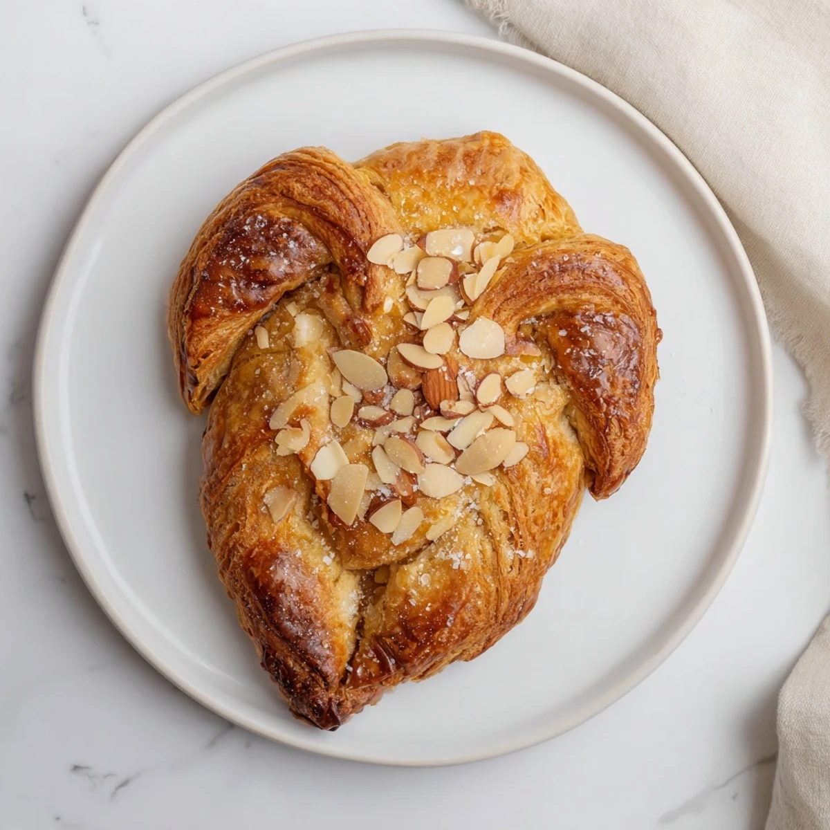 Flaky almond bear claw pastry drizzled with vanilla icing and sprinkled with coarse sugar