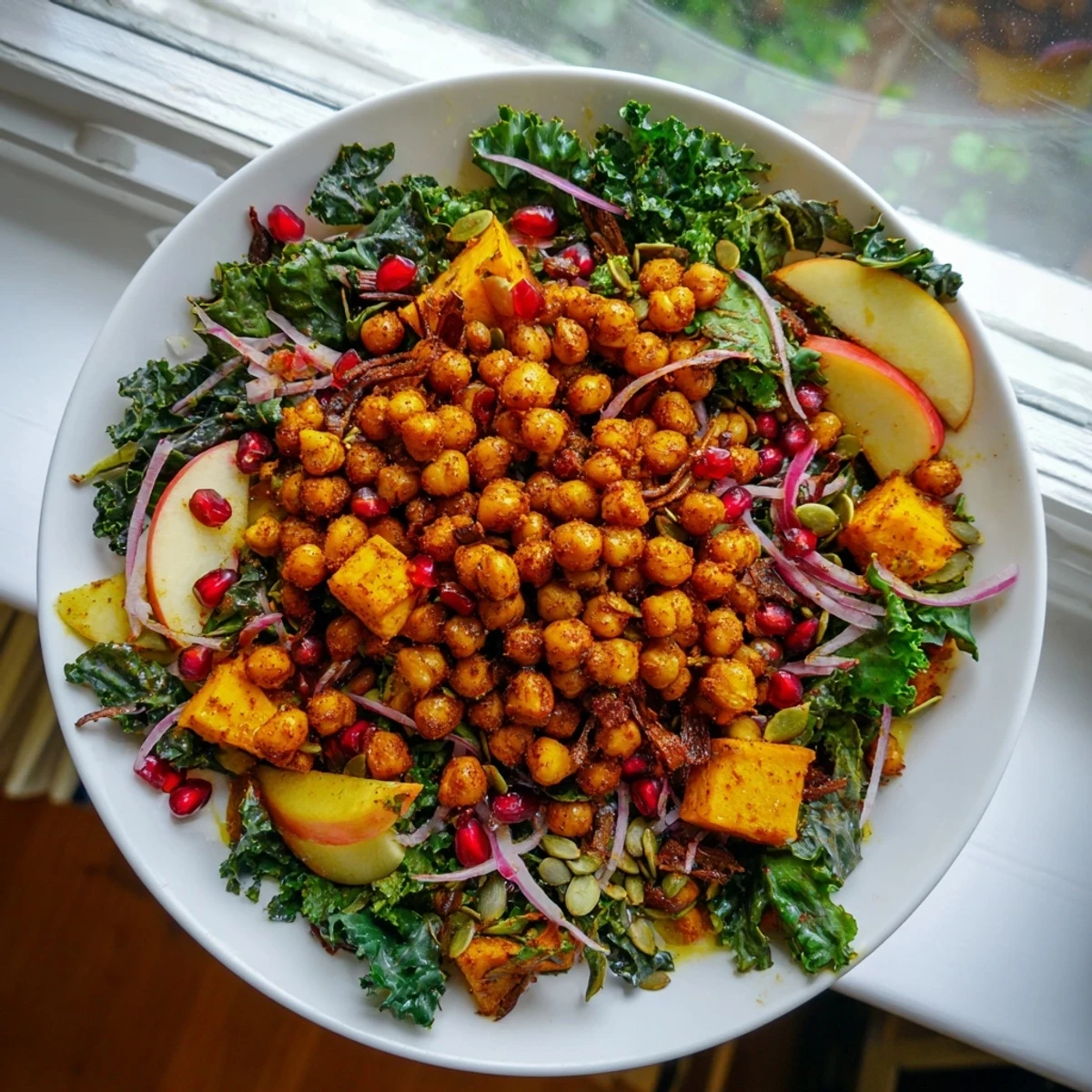 Golden roasted chickpea fall salad with crisp apples, pomegranate seeds, and maple-Dijon dressing