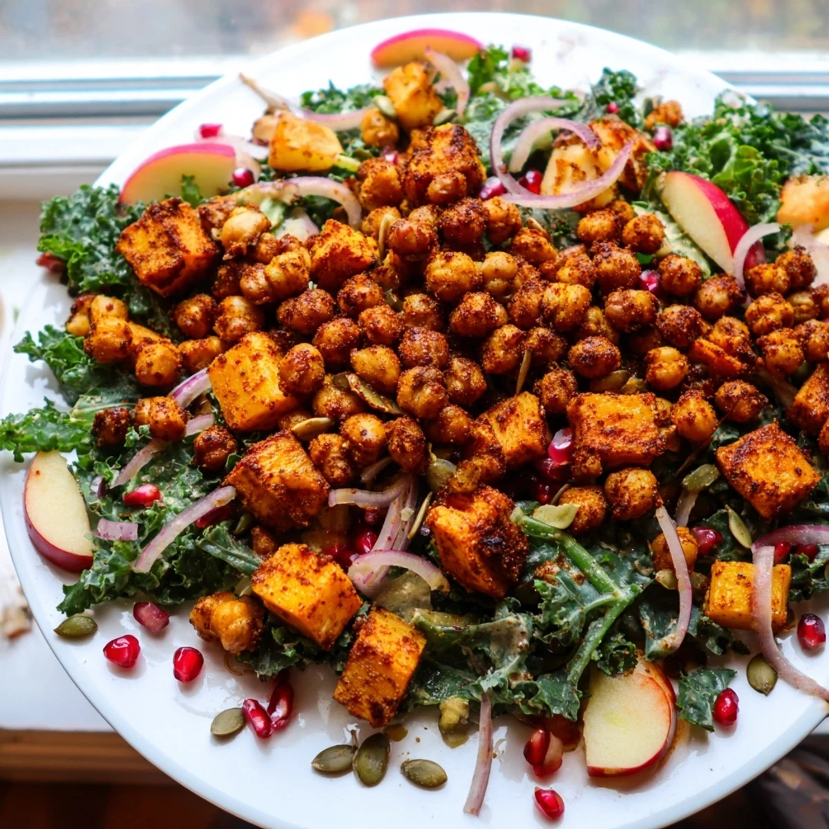 Vibrant autumn salad featuring crispy spiced chickpeas over mixed greens with butternut squash