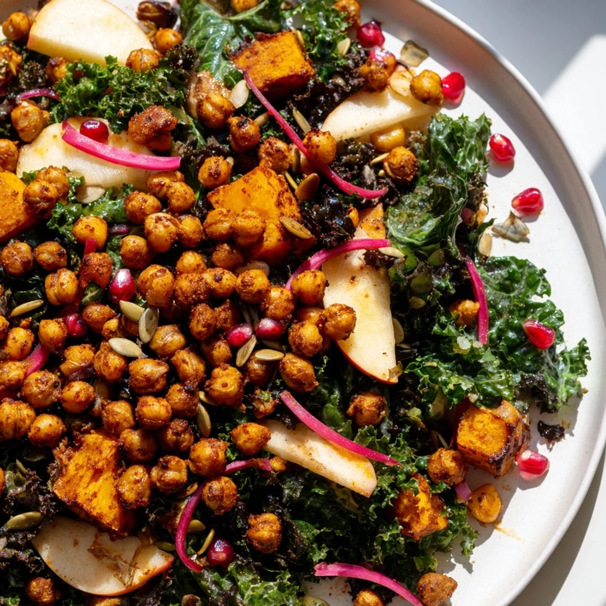 Hearty roasted chickpea fall salad bowl topped with pumpkin seeds and tangy maple dressing