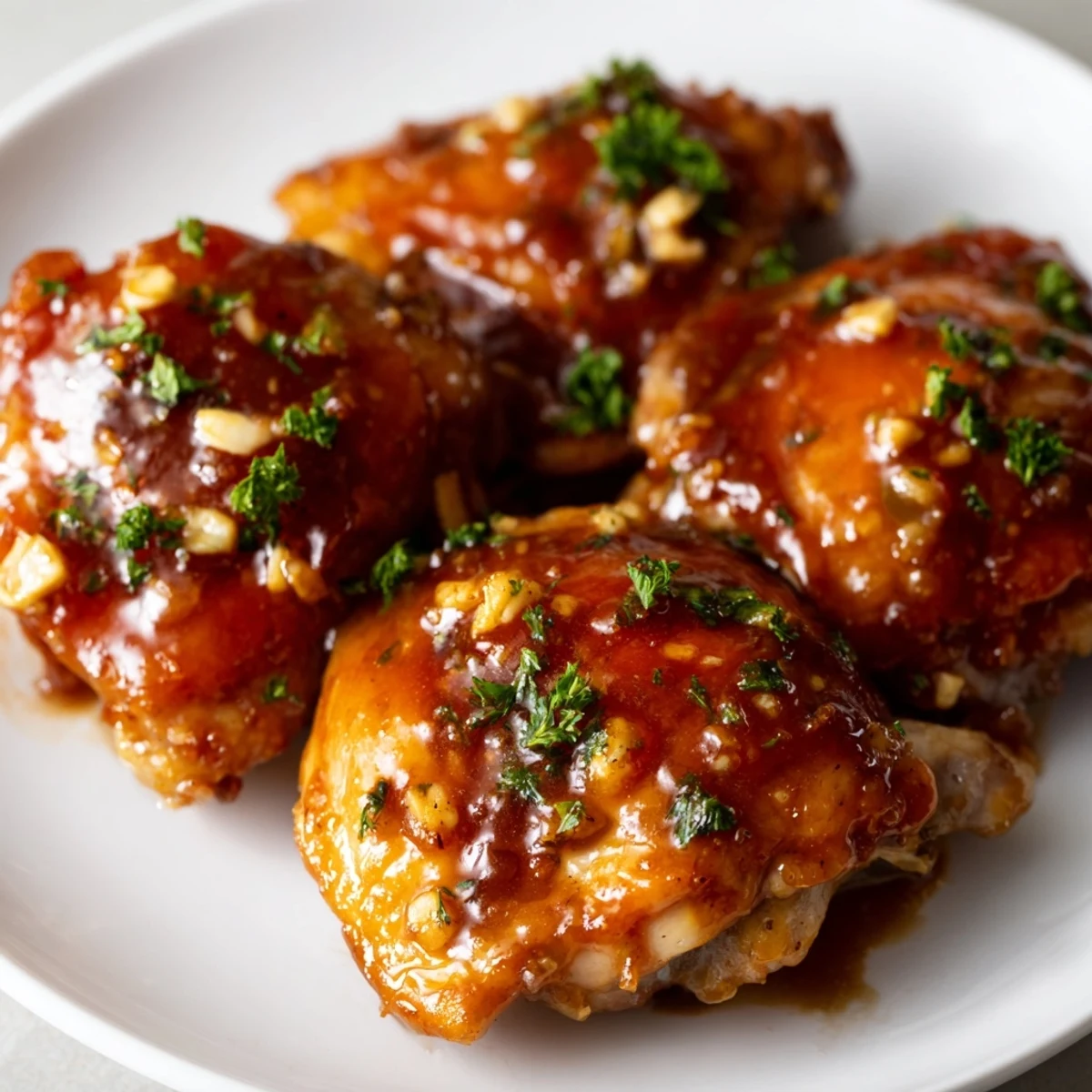 Golden brown chicken thighs coated in glossy sweet apple cider reduction sauce