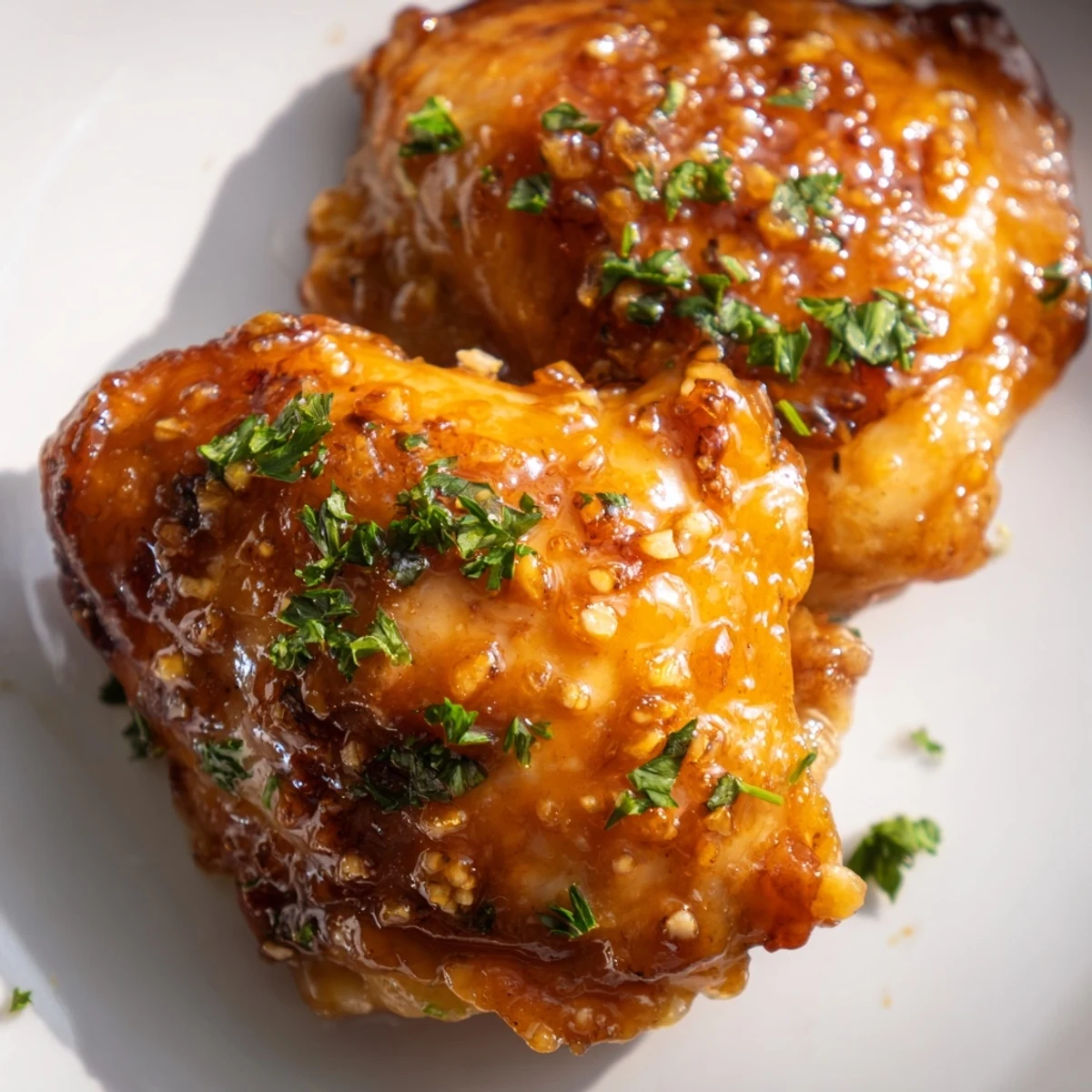 Tender sticky apple cider chicken served with fresh parsley garnish on white plate