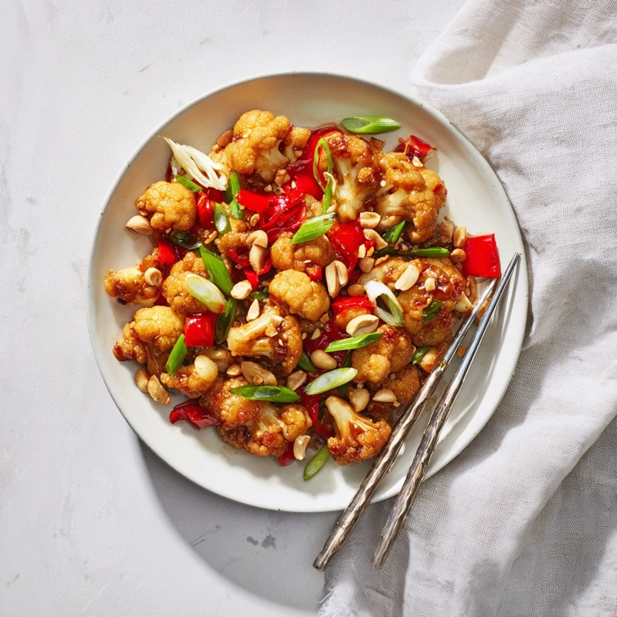 Golden roasted Kung Pao cauliflower florets coated in spicy tangy sauce with crunchy roasted peanuts and vibrant diced red bell pepper