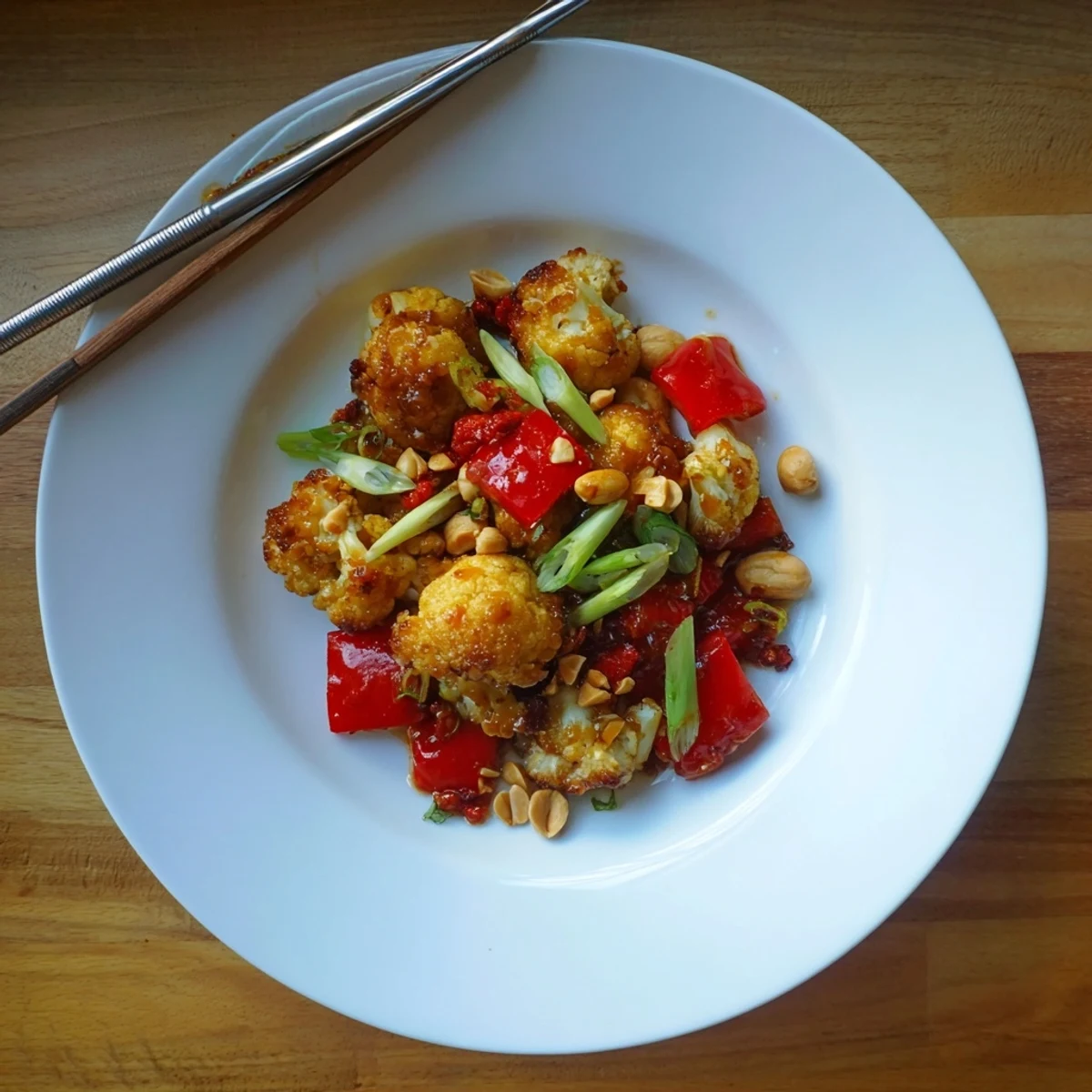 Crispy oven-roasted cauliflower tossed in glossy sweet and spicy Kung Pao glaze topped with roasted peanuts and fresh green onions