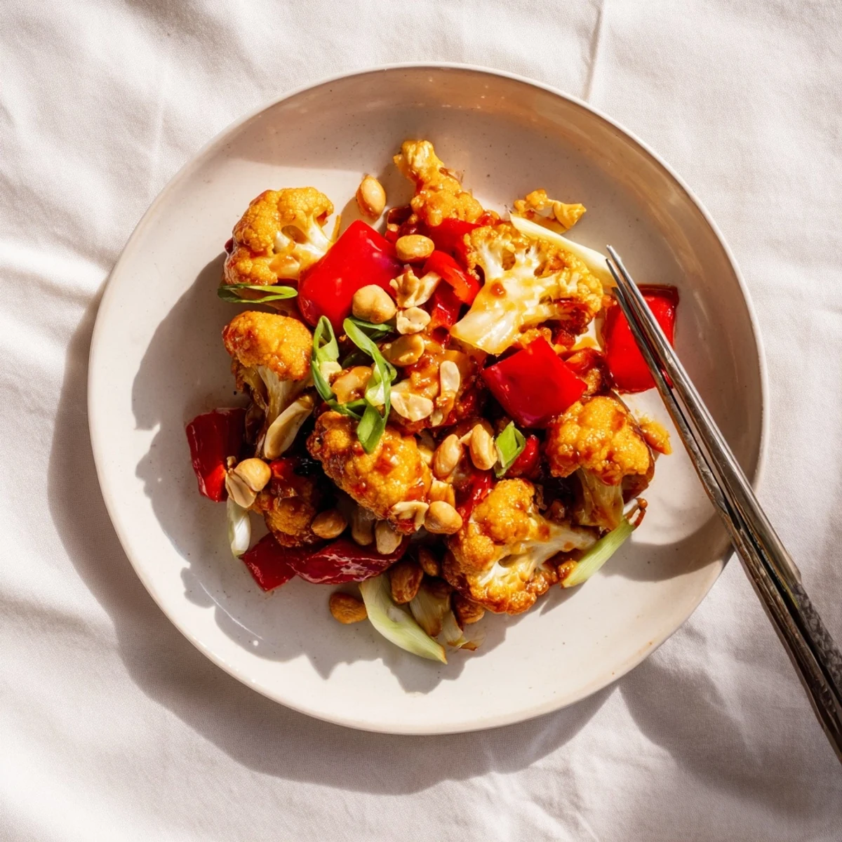 Vegan Kung Pao cauliflower stir-fry featuring crispy golden florets in thick savory sauce with colorful vegetables and garnish