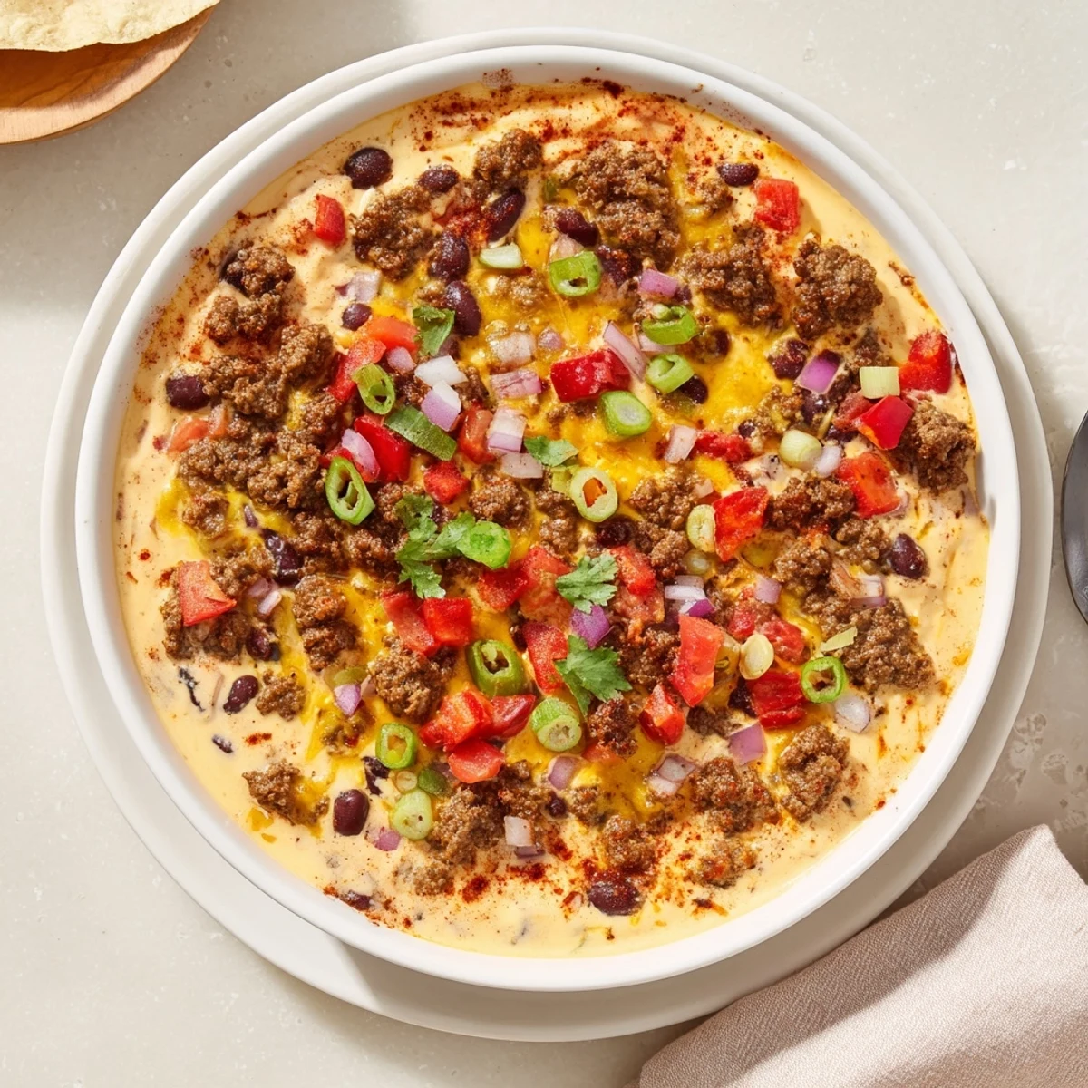 Rich melted Spicy Cowboy Queso Dip bubbling with chorizo, peppers, and black beans in a serving bowl
