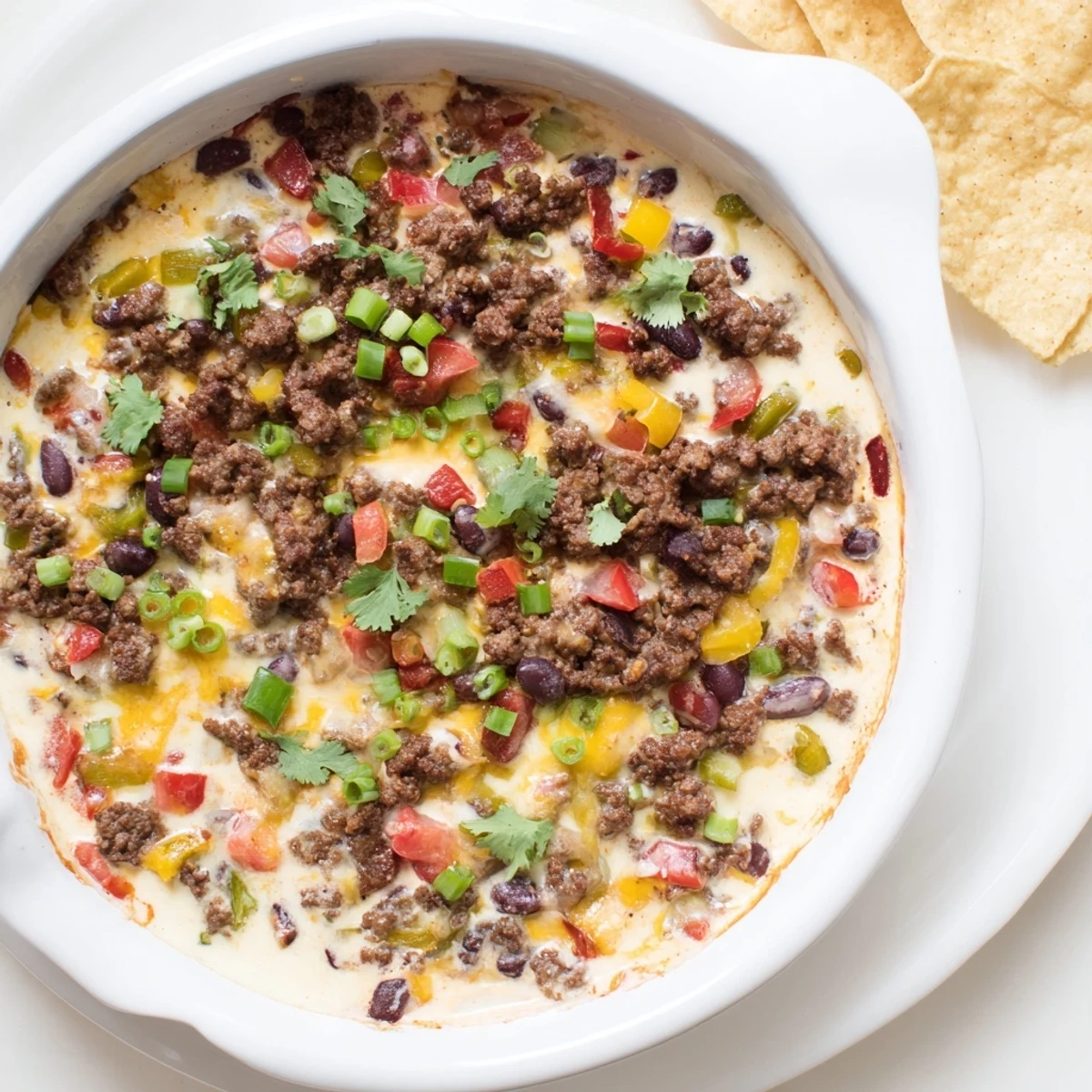 Steamy bowl of Spicy Cowboy Queso Dip garnished with fresh cilantro and served with crispy tortilla chips