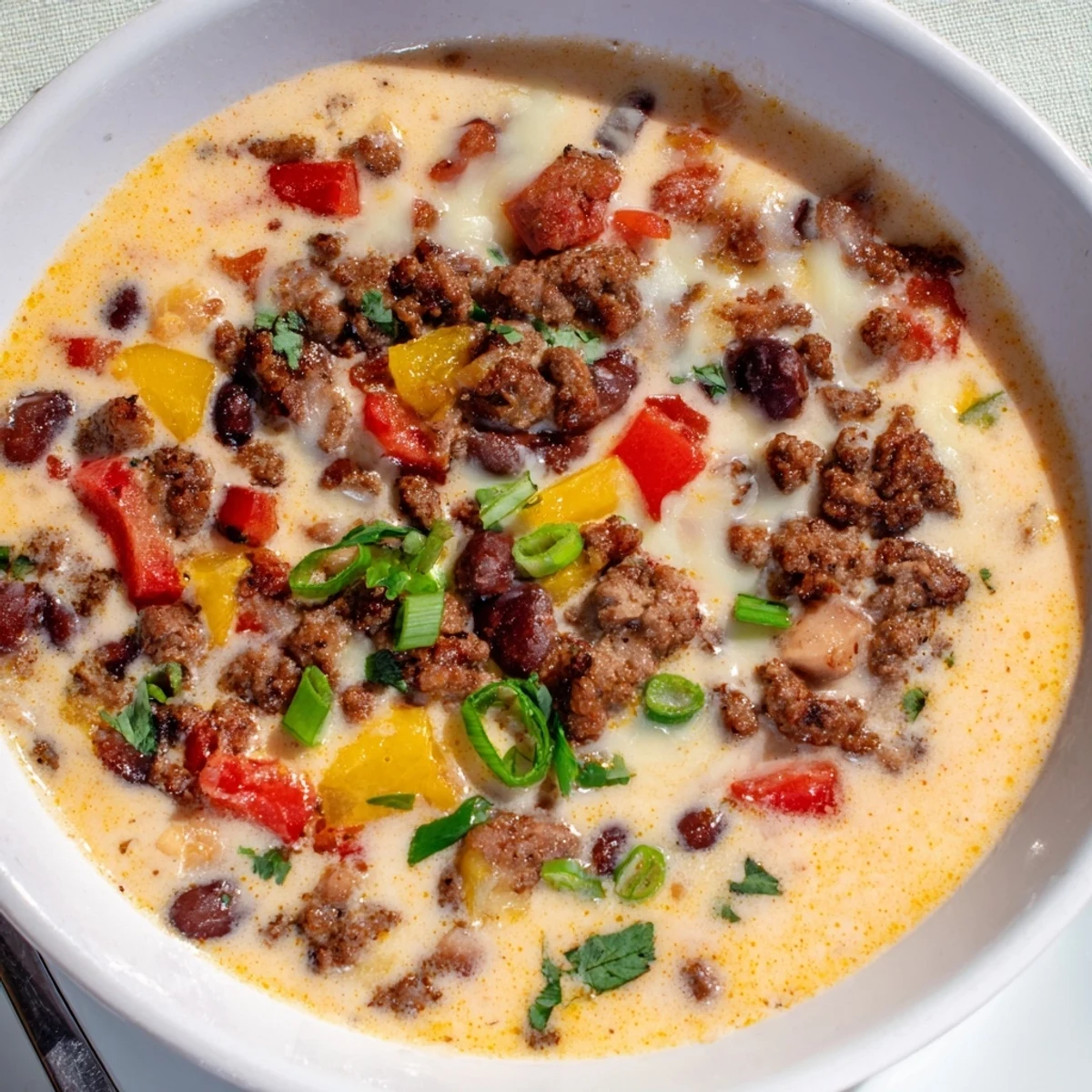 Creamy Spicy Cowboy Queso Dip featuring golden melted cheese, diced vegetables, and spicy sausage crumbles