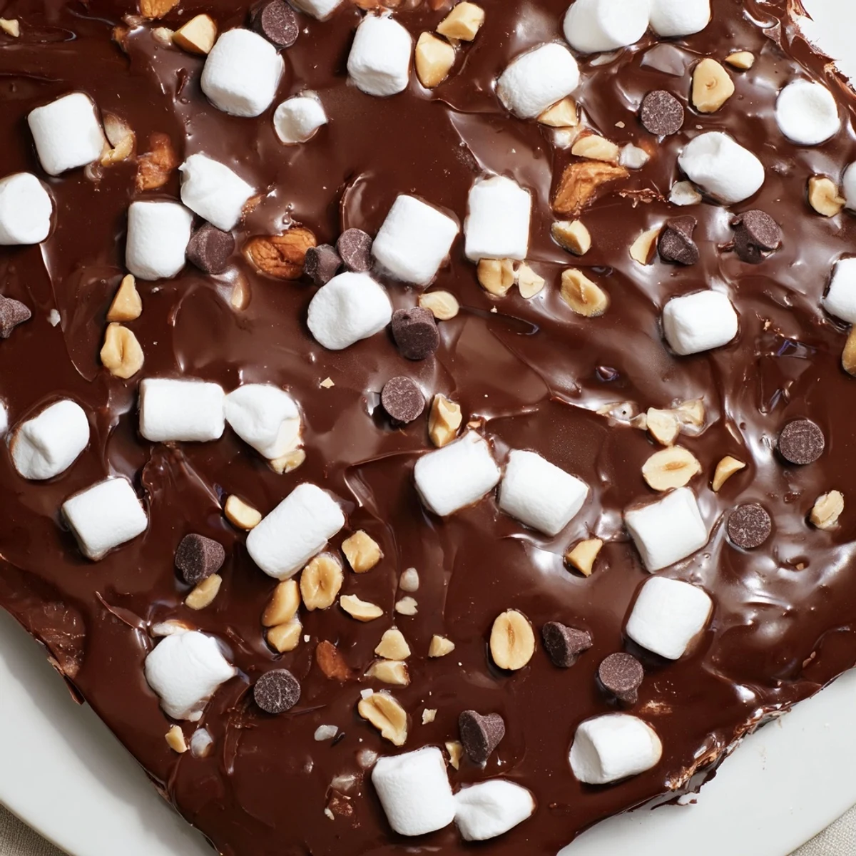 Rich chocolate Rocky Road fudge arranged on a serving plate with visible nut and marshmallow chunks