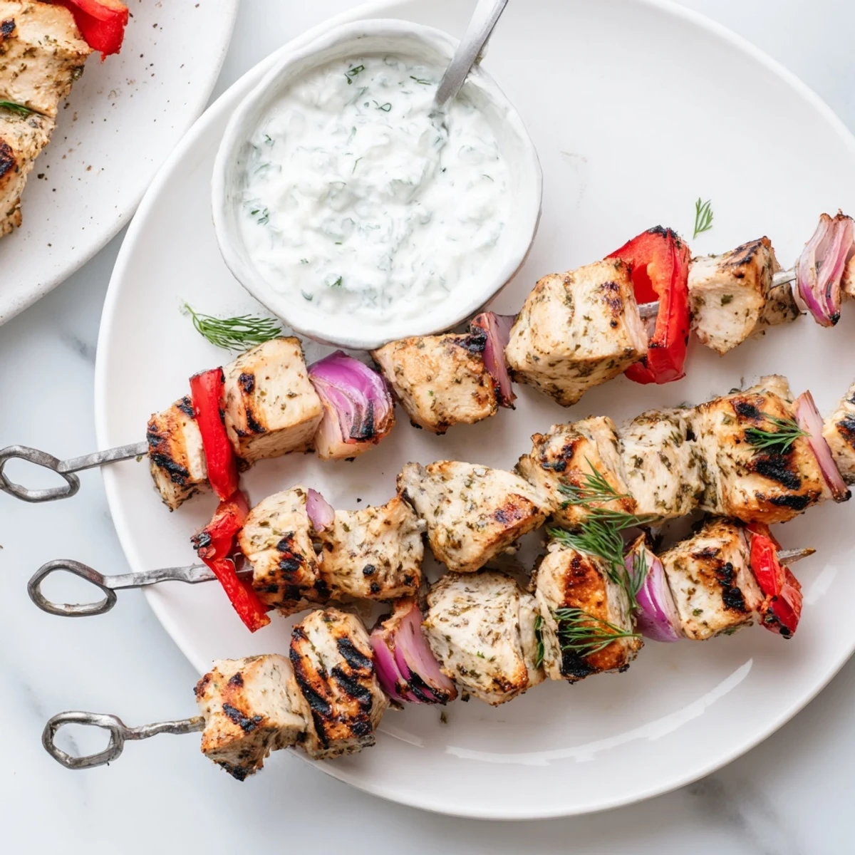 Golden Greek lemon chicken skewers grilled to perfection with charred edges and vibrant vegetables