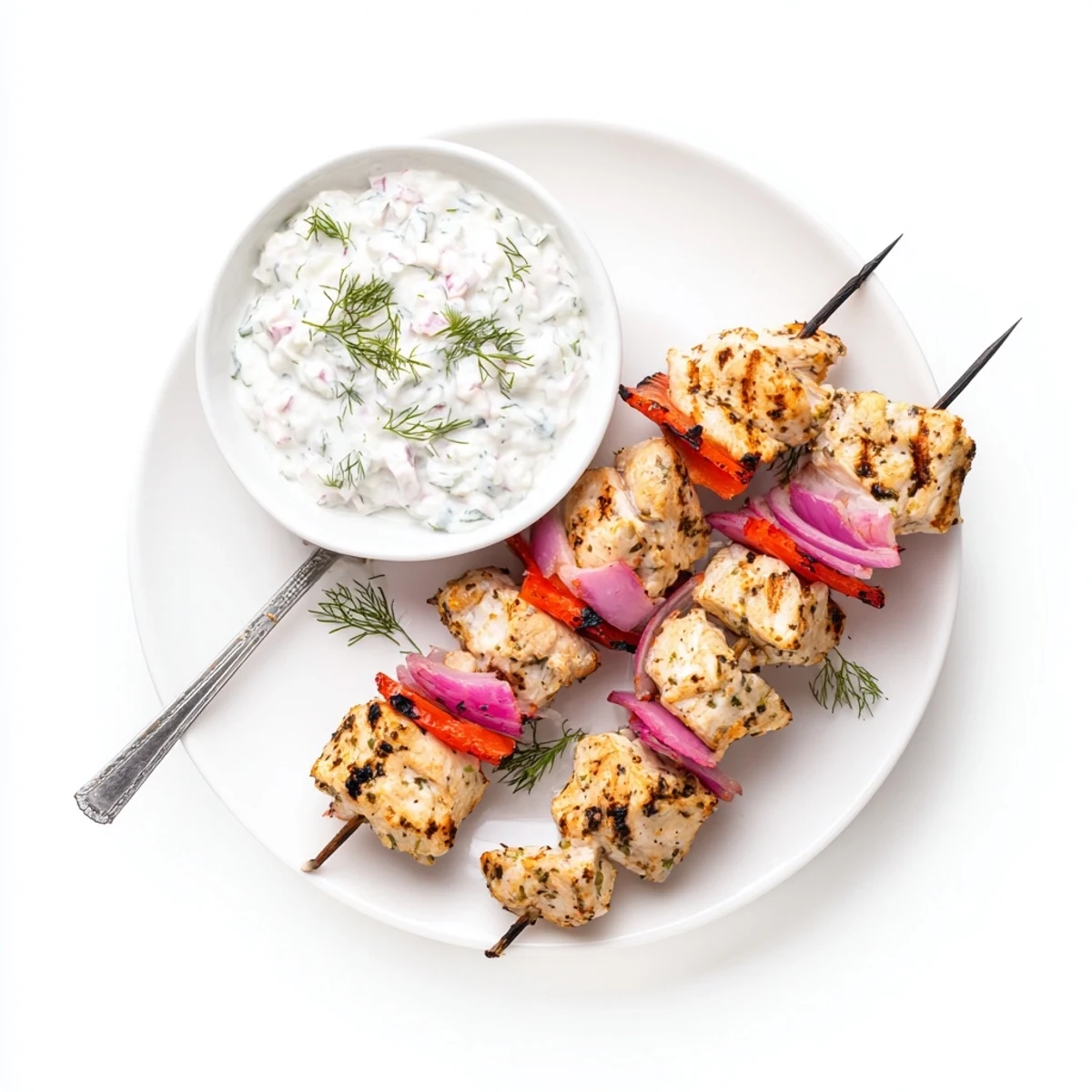 Juicy marinated chicken on skewers served alongside creamy homemade tzatziki sauce and fresh lemon wedges