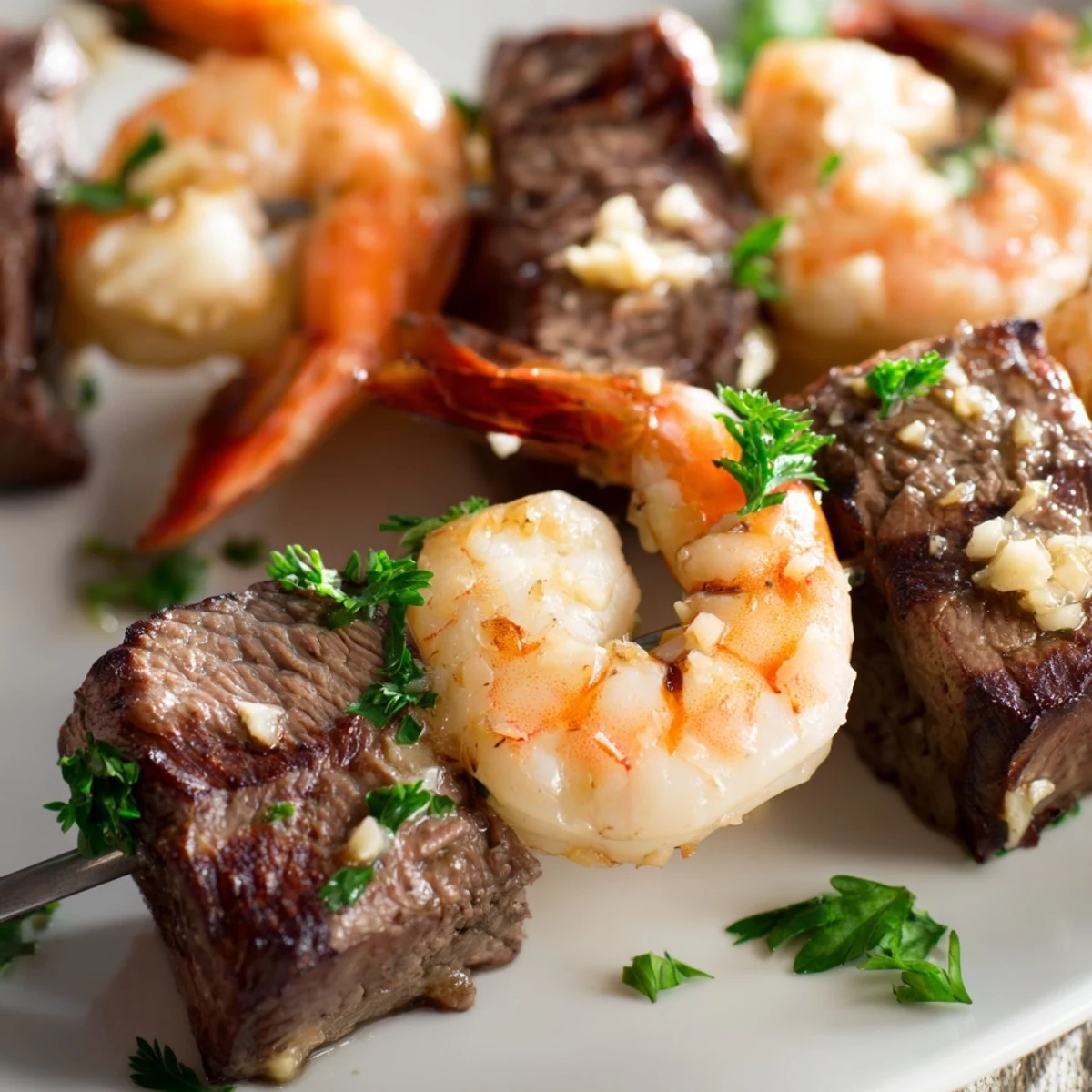 Golden grilled steak and shrimp skewers brushed with garlic butter sauce served with fresh lemon wedges
