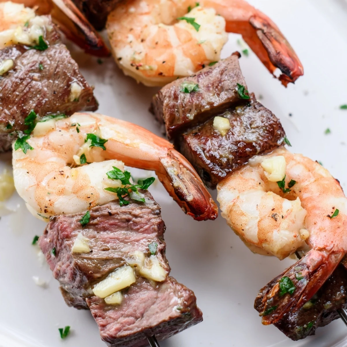 Sizzling surf-and-turf skewers featuring juicy beef and tender shrimp coated in melted garlic butter