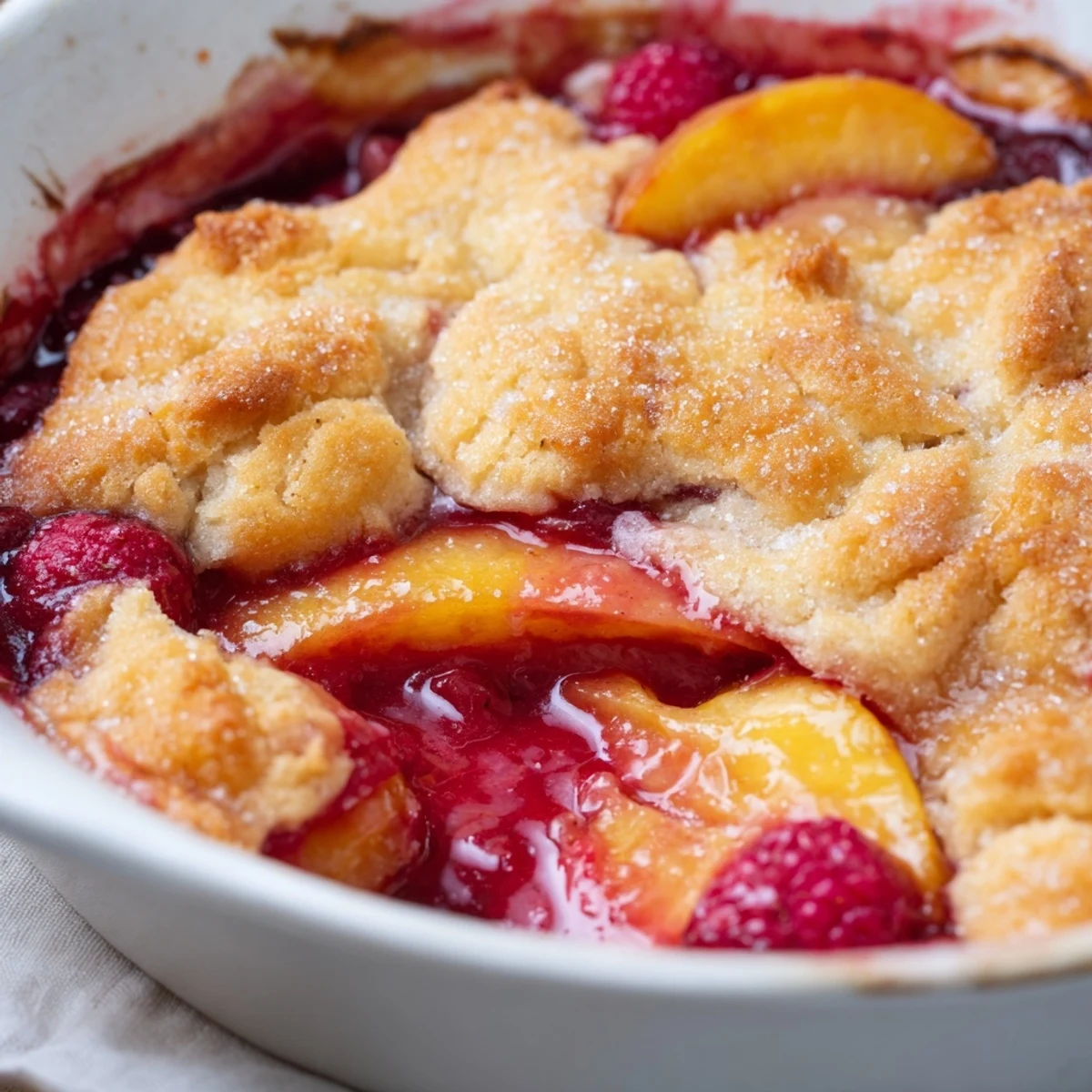 Golden peach and raspberry cobbler bubbling beneath buttery biscuit topping in a baking dish