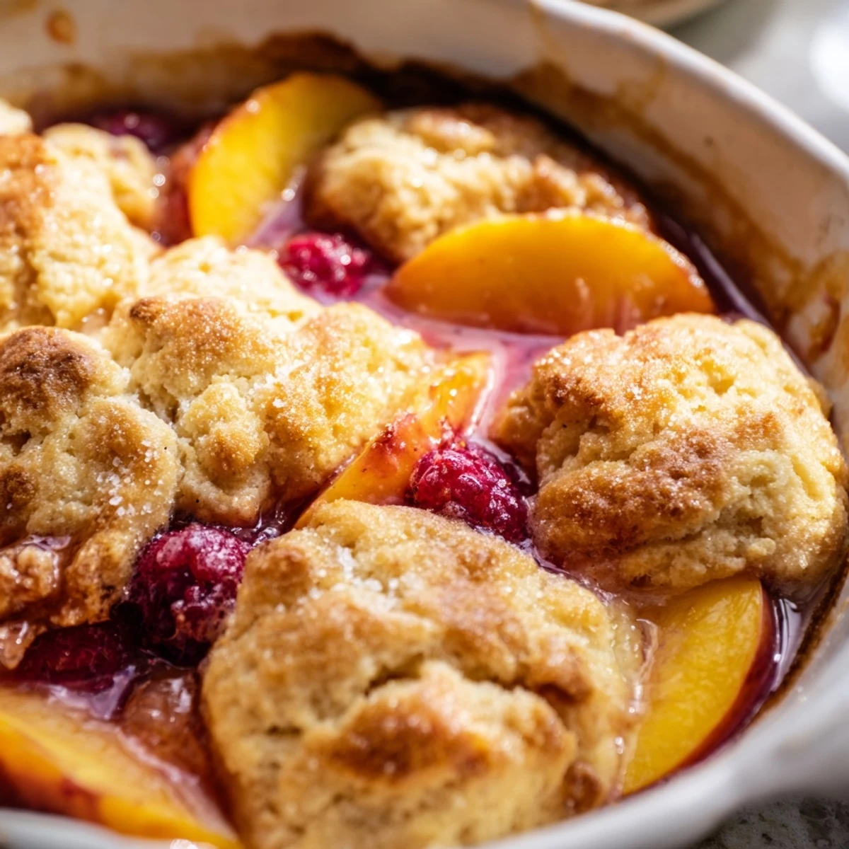 Fresh summer peaches and raspberries baked under homemade biscuit topping until fruit bubbles