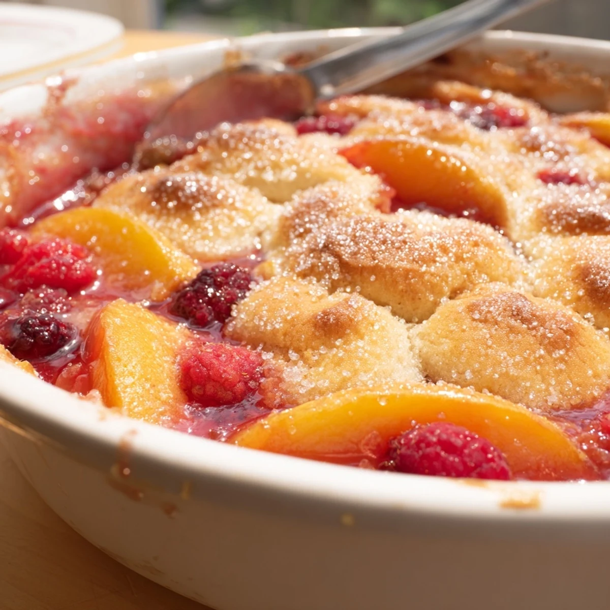 Warm peach and raspberry cobbler with vanilla ice cream melting over golden brown crust