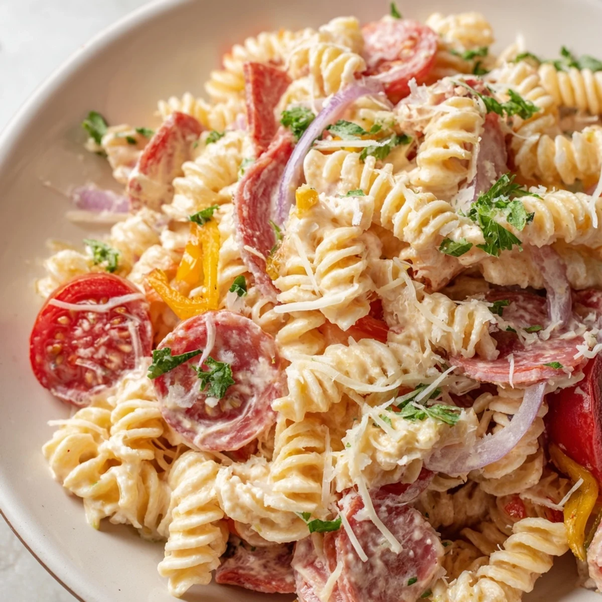 Colorful Italian Grinder Pasta Salad featuring rotini tossed with salami, ham, pepperoni and provolone