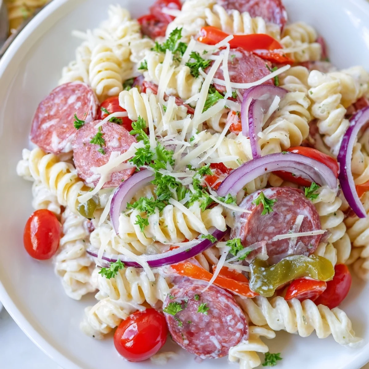 Hearty pasta salad bowl loaded with cured meats, cherry tomatoes and crisp red onion