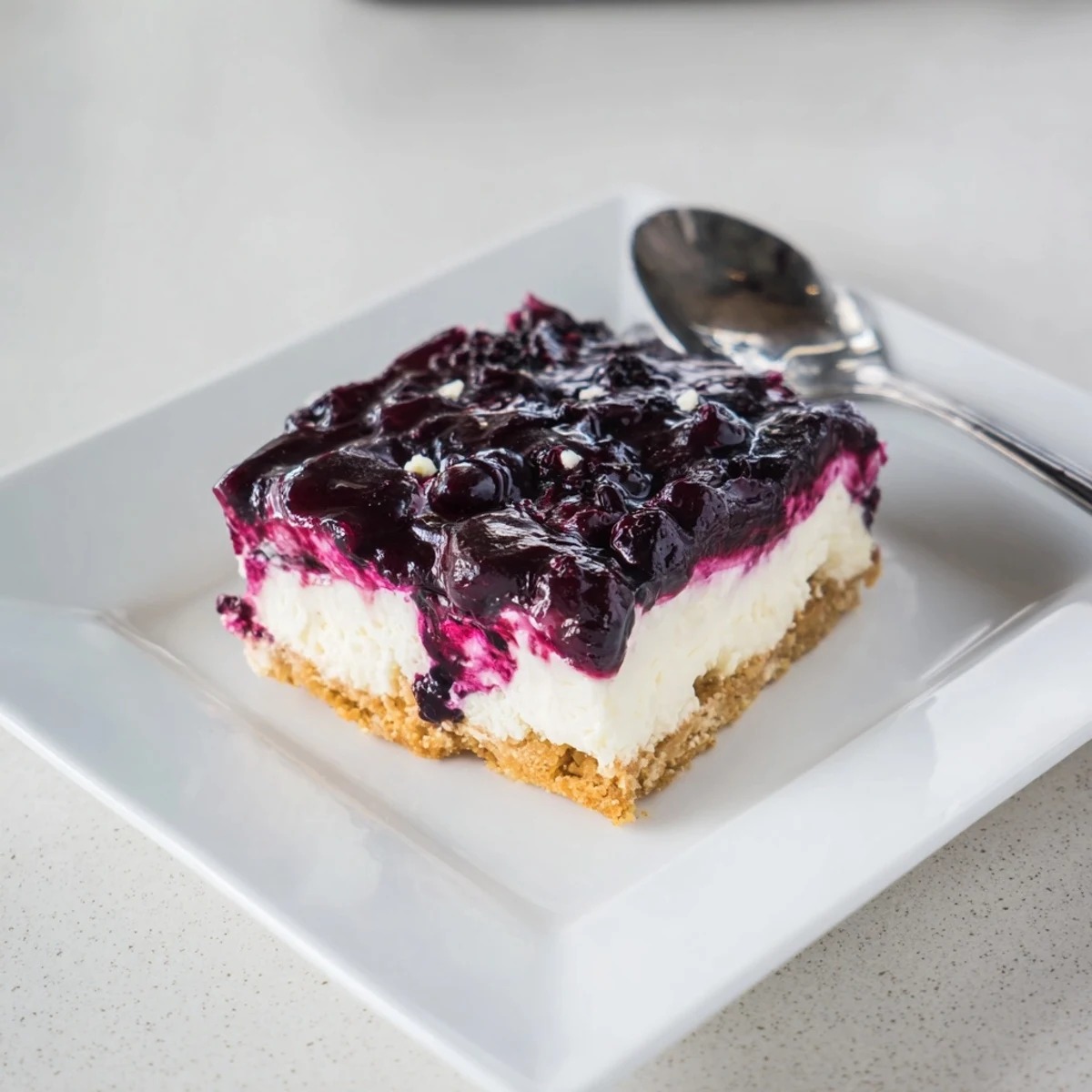 Square slice of sweet and tangy blueberry jamboree showcasing three vibrant layers on a white serving plate