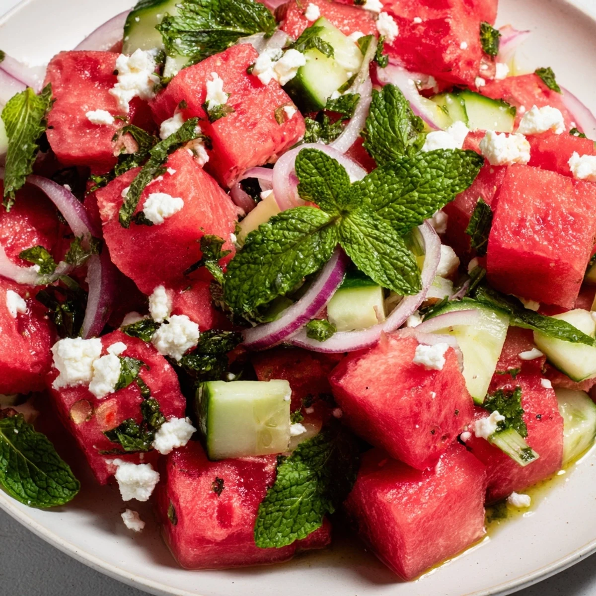 Refreshing watermelon feta salad bowl with juicy melon cubes, cucumber, and crumbled feta garnished with mint.
