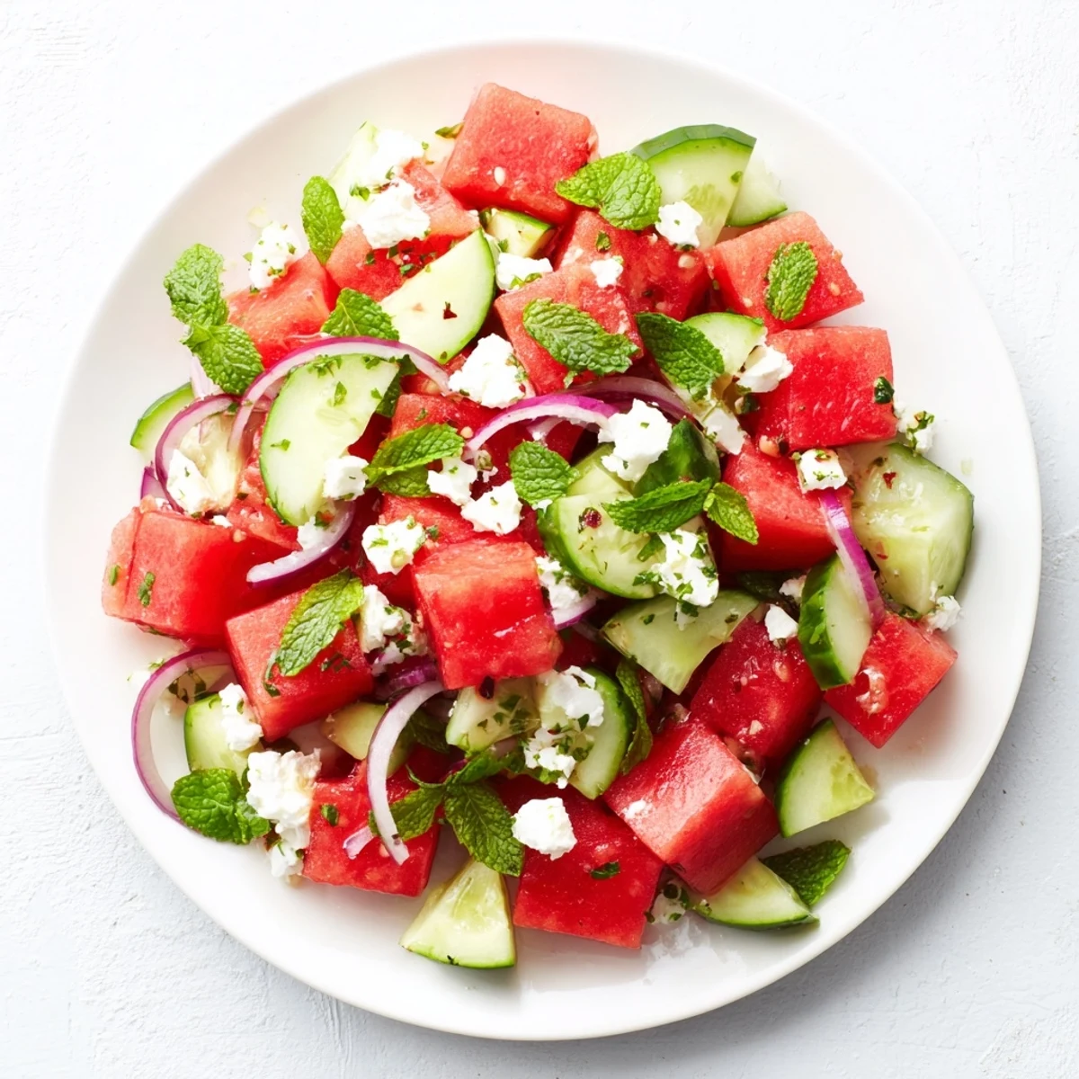 Mediterranean-style watermelon feta salad displaying fresh watermelon chunks, crisp cucumber, red onion, and herb toppings.