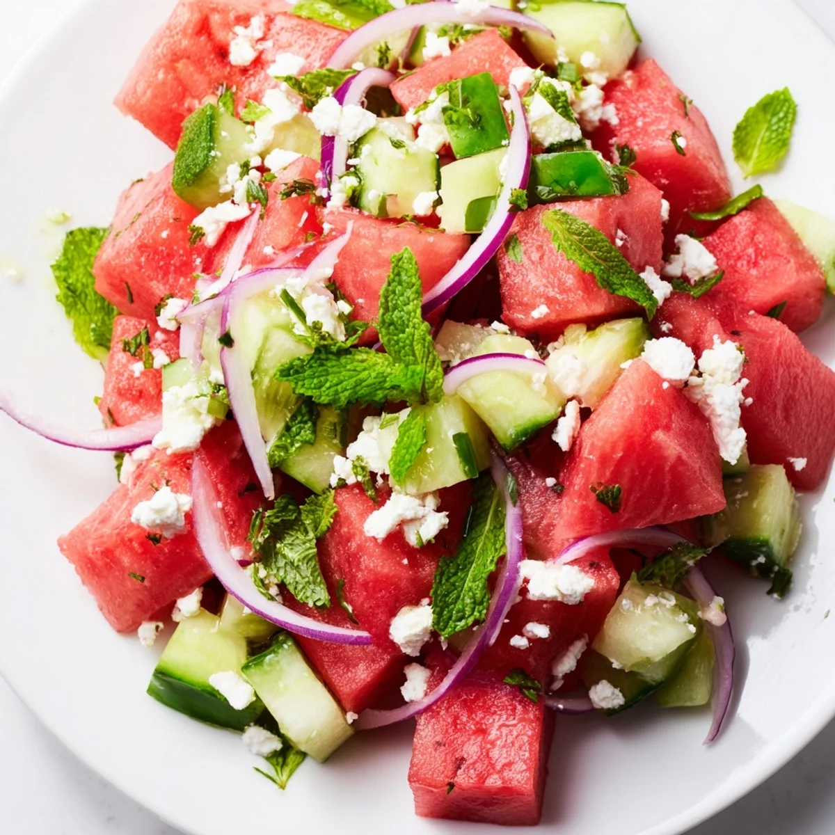 Summer watermelon feta salad arranged on white plate featuring vibrant red melon and creamy white cheese.