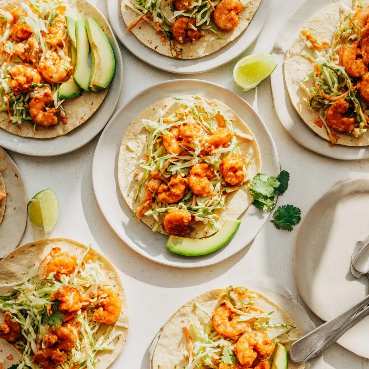 Crispy golden Bang Bang shrimp tacos topped with colorful cabbage slaw and creamy sauce drizzle