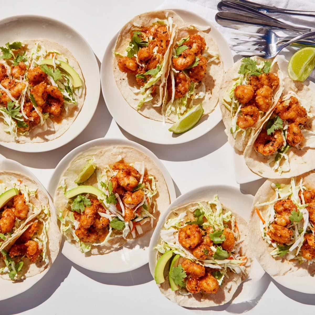 Homemade Bang Bang shrimp tacos with crunchy panko coating and tangy red cabbage slaw