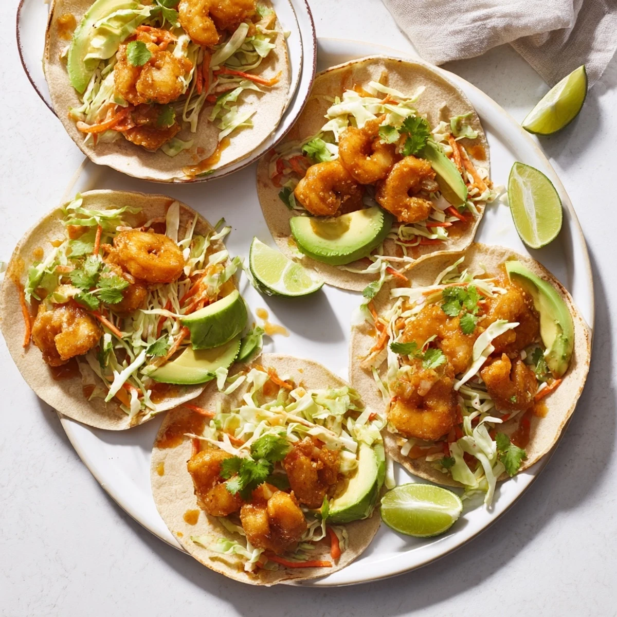 Warm tortilla overflowing with spicy Bang Bang shrimp tacos, fresh avocado slices, and lime wedges