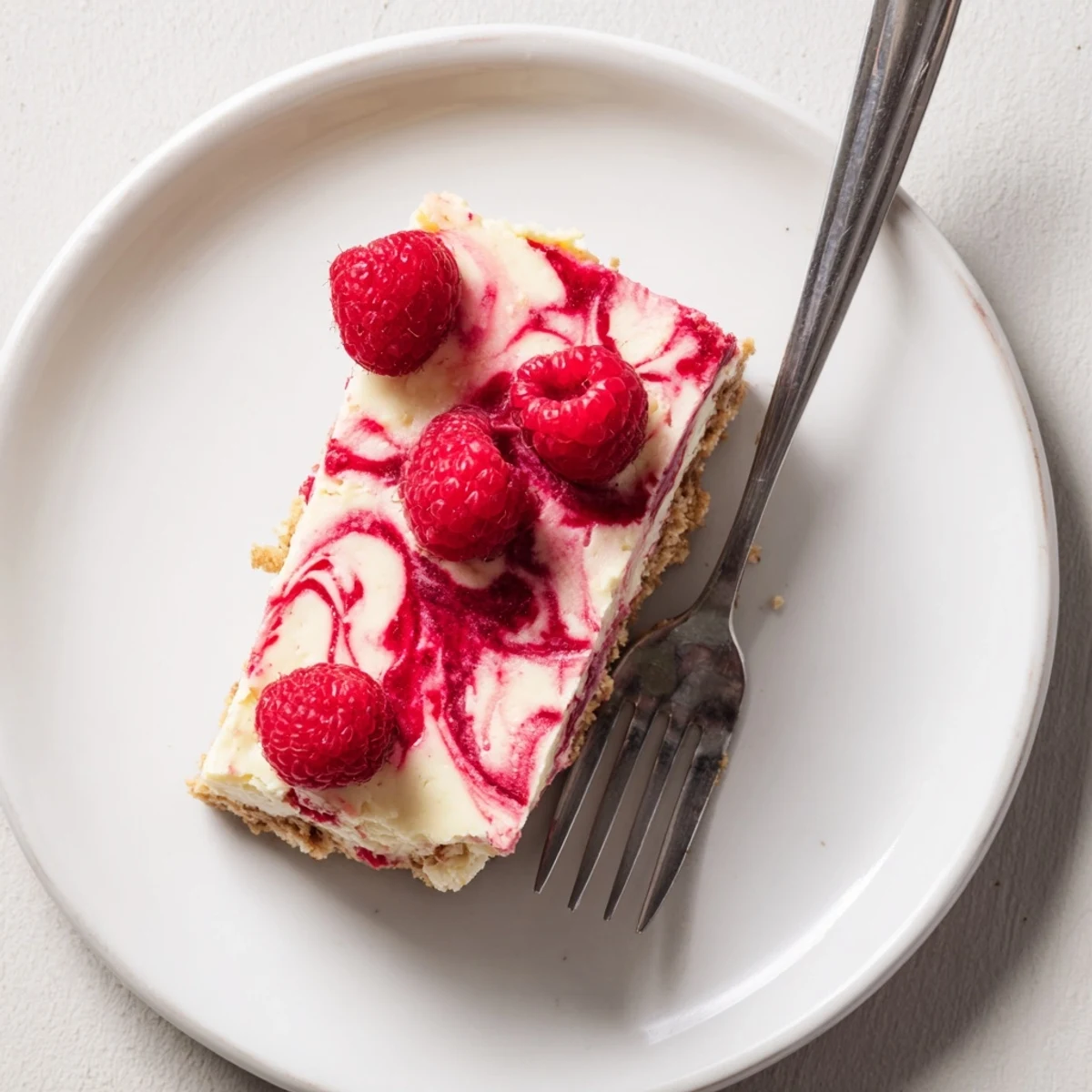 Creamy raspberry cheesecake with vibrant berry swirls on golden graham cracker crust