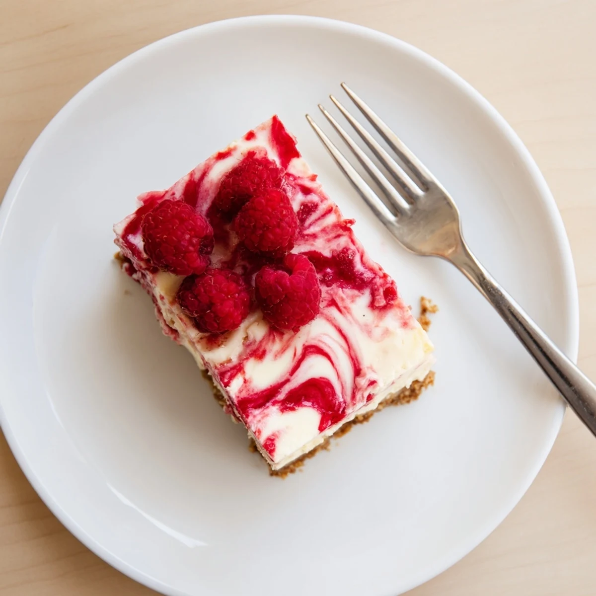 Slice of raspberry cheesecake showing smooth cream cheese filling and tart red raspberry ribbons