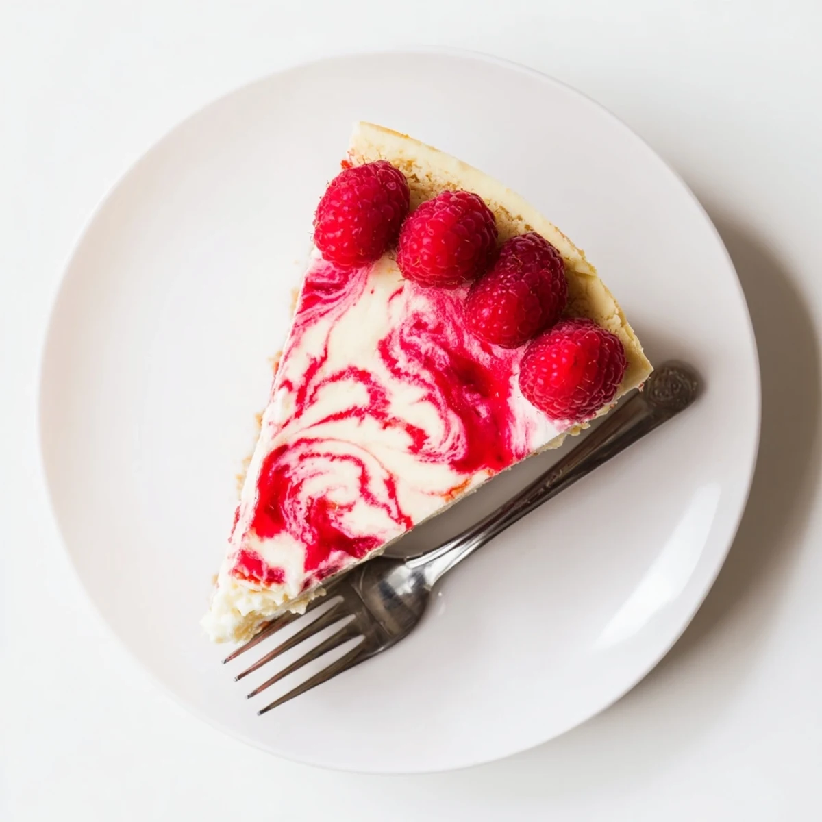 Whole raspberry cheesecake topped with fresh berries featuring silky texture and fruity swirl pattern