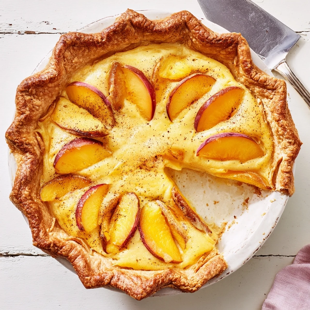 Golden peach custard pie with fresh fruit slices in a flaky baked crust