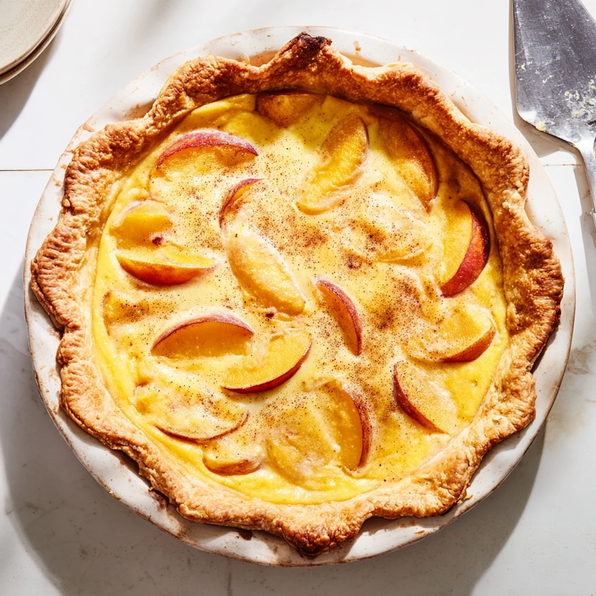 Sliced peaches nestled in creamy vanilla custard filling inside a golden pastry shell