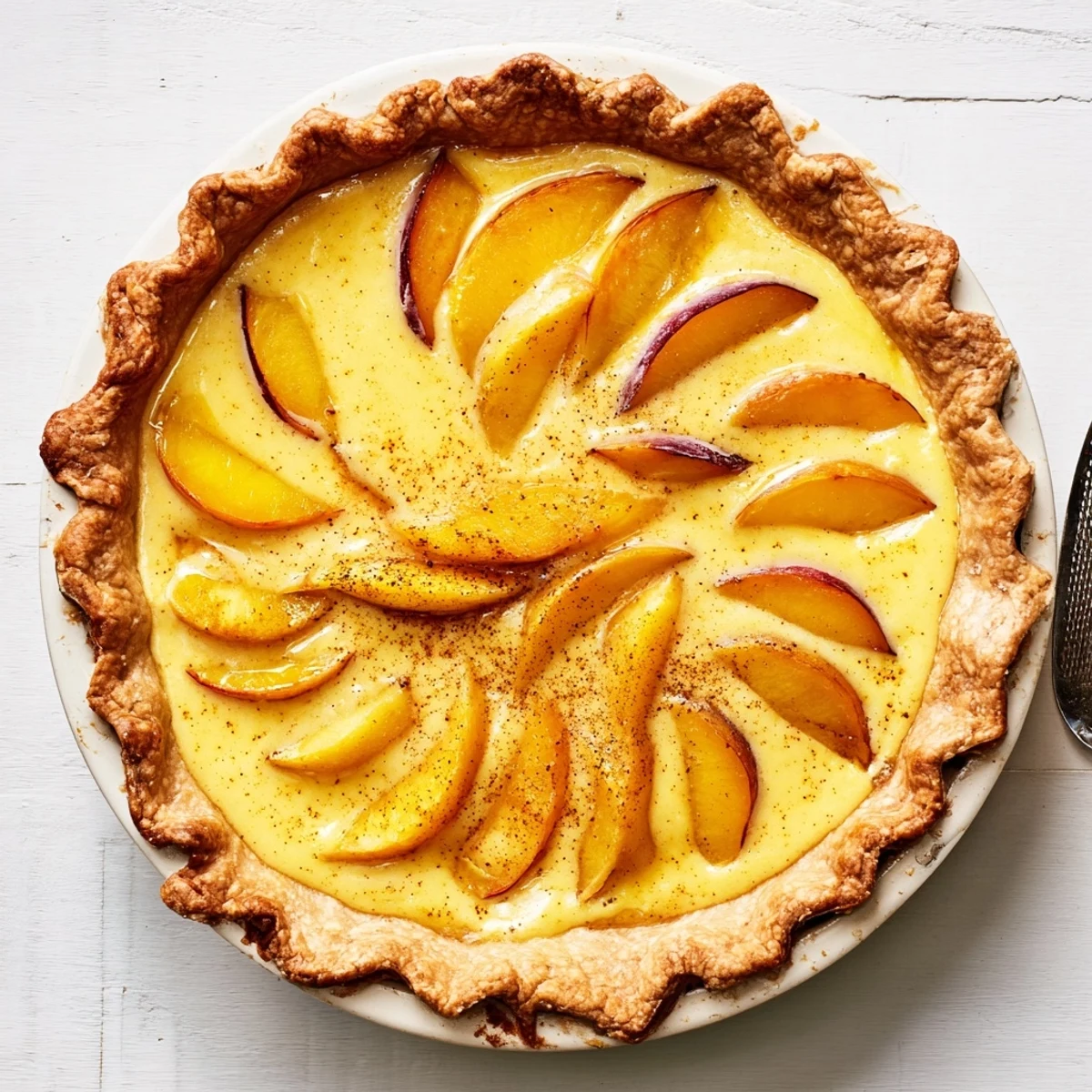 Homemade peach custard pie featuring sweet summer fruit and silky custard on a wire rack