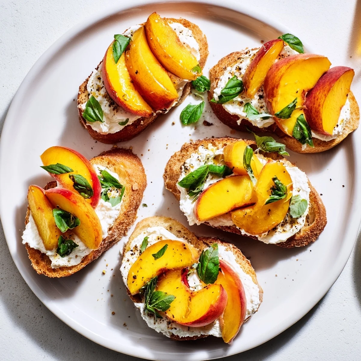 Golden toasted baguette slices topped with creamy whipped ricotta and sweet fresh peach slices