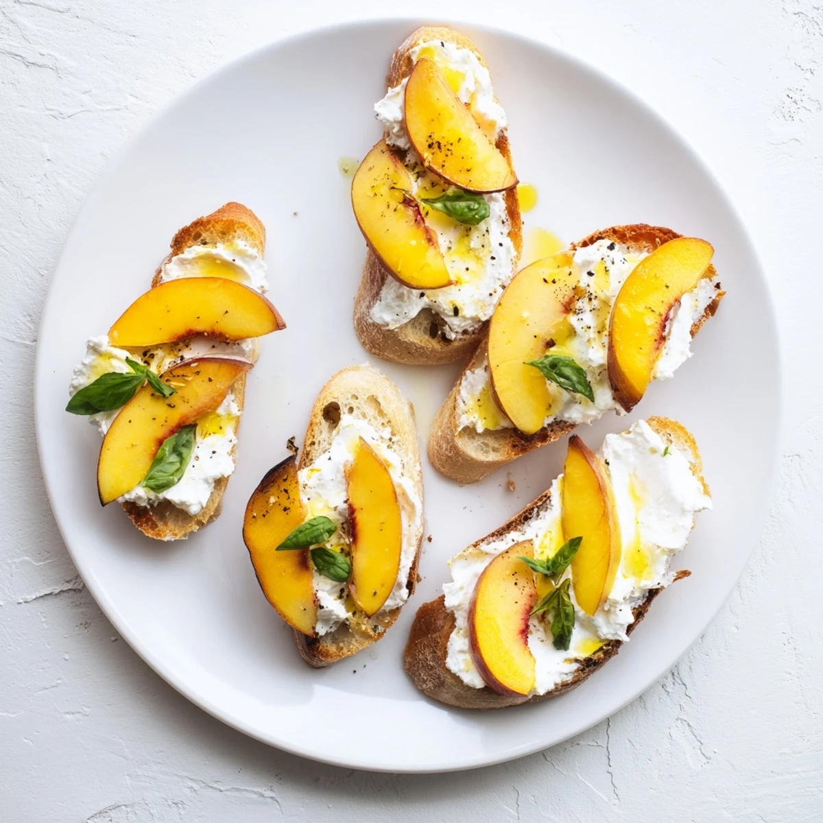 Summer appetizer featuring crisp bread spread with fluffy ricotta and juicy ripe peach wedges