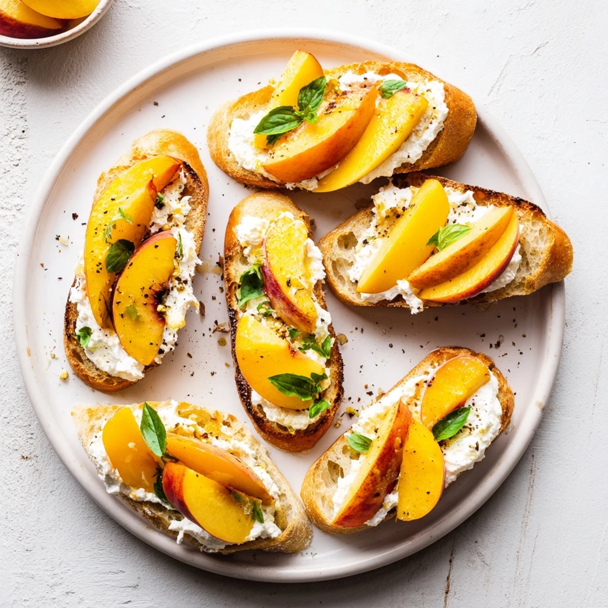 Italian-inspired bruschetta with whipped ricotta cheese topped with vibrant peaches and fresh green basil garnish