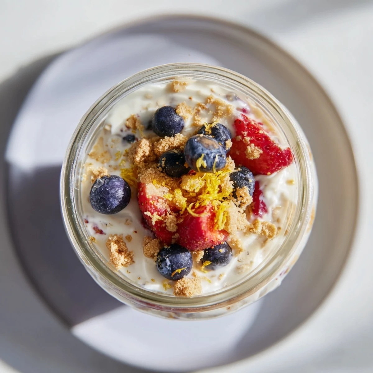Creamy overnight oats with lemon cheesecake flavor garnished with raspberries and extra lemon zest in clear container