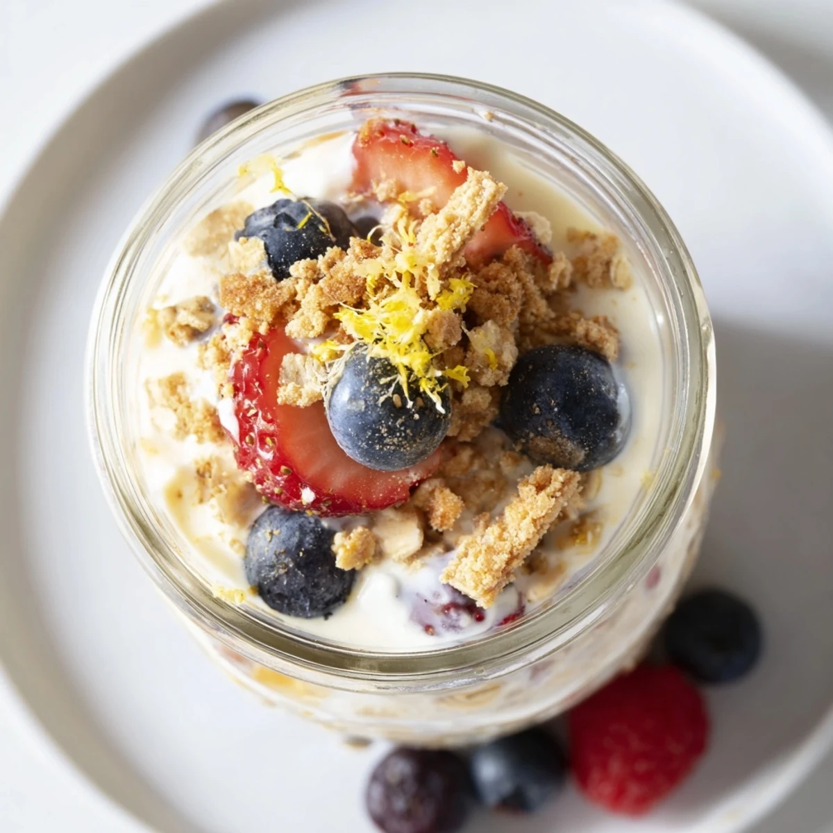 Glass jar filled with zesty lemon cheesecake overnight oats topped with fresh blueberries and graham cracker crumbs