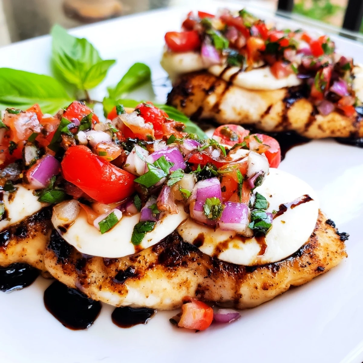 Tender baked chicken topped with juicy diced tomatoes and bubbling mozzarella slices