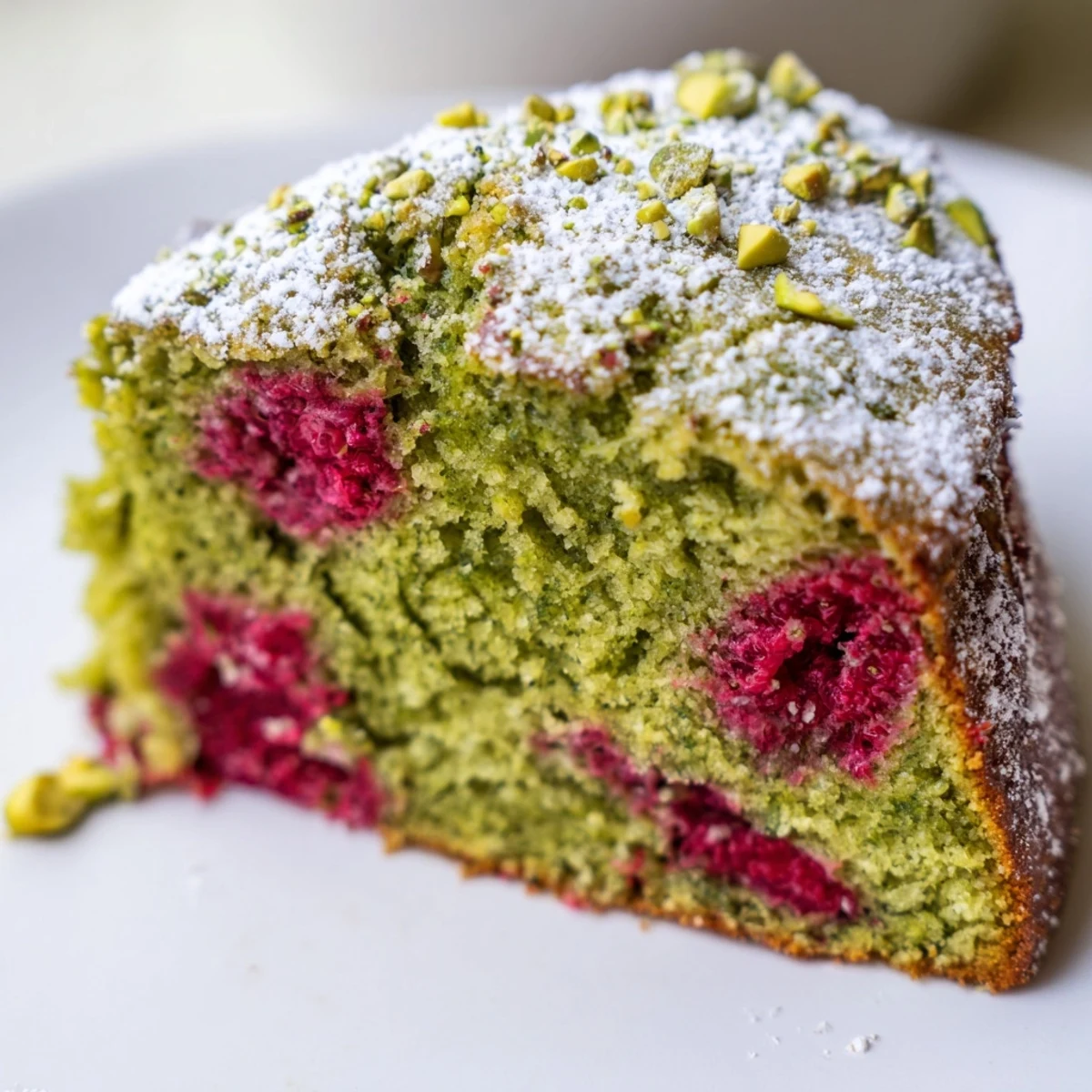 Moist pistachio raspberry cake sliced on a white plate with powdered sugar dusting