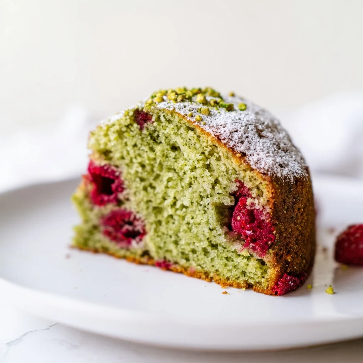 Fresh pistachio raspberry cake layer with tart red berries baked throughout the crumb