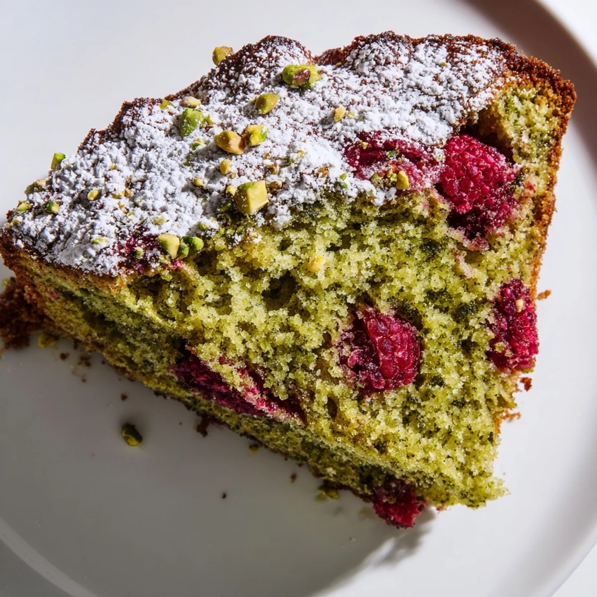 Elegant pistachio raspberry cake sprinkled with chopped nuts and served for afternoon dessert