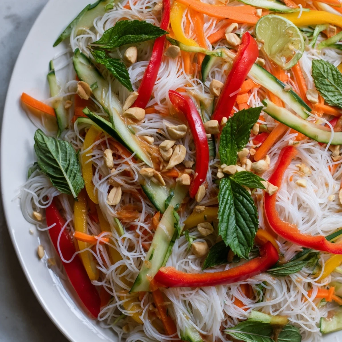 Fresh Vietnamese noodle salad loaded with bean sprouts, bell peppers, and fragrant herbs in a zesty citrus soy dressing