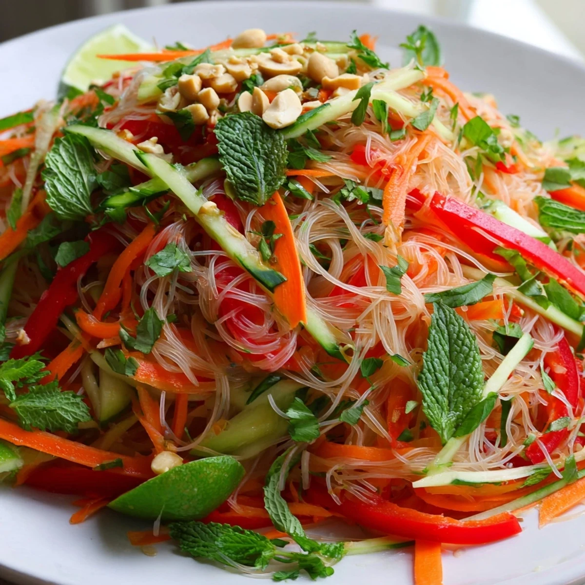 Colorful Vietnamese noodle salad bowl with crisp vegetables and tangy lime dressing drizzled over refreshing rice vermicelli